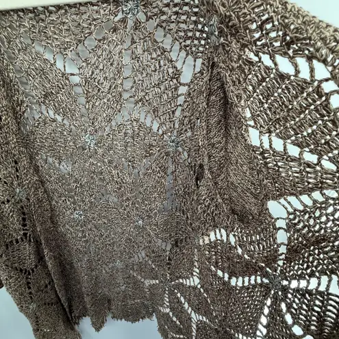 Boho Crochet Open Knit Fringe Cardigan Duster Neutral Ramie Cotton Layering 1X Brown