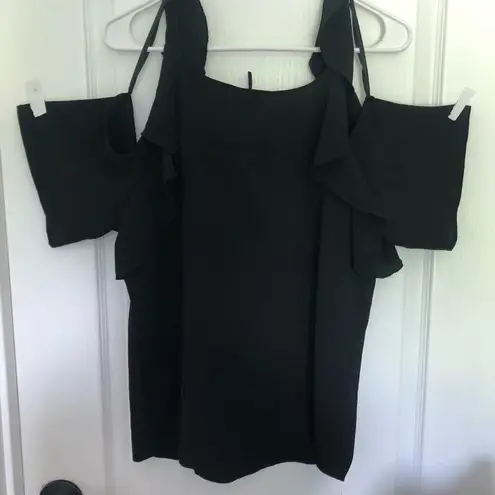 Love j Women's Cold Shoulder Casual Top Ruffle Round Neck Black Size Small