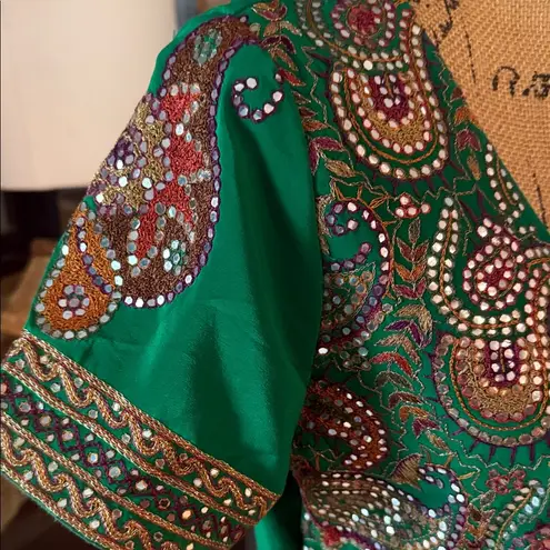 Handmade Boho Green Multicolored Embroidered Mirrored Paisley Print Midi Dress