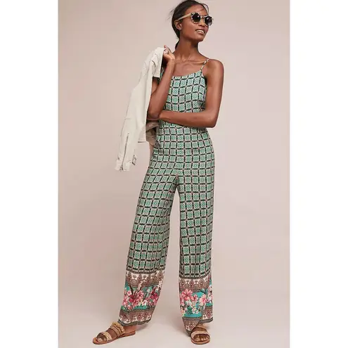 Farm Rio Women's Jumpsuit Green Tile Floral Border Spaghetti Strap Size S