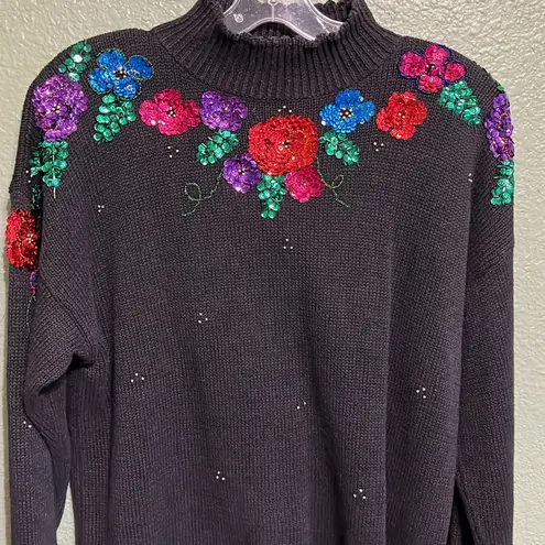 Vintage 70s 80s Boho Floral Embellished Black Sweater sequin flowers gold beaded Size M