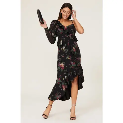 Amur Pasqualena Black Floral Print One Shoulder Ruffle High Low Dress Size 6