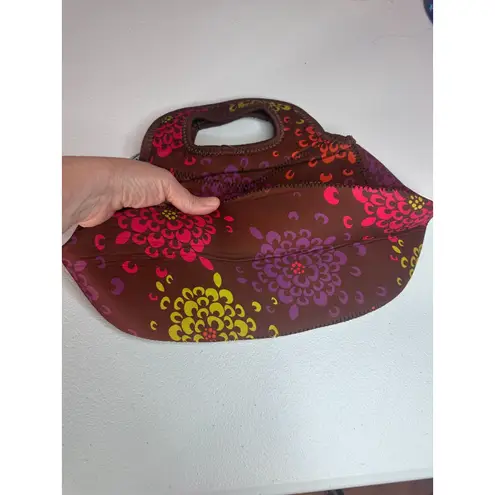 None Boho Floral Neoprene Top-Handle Clutch Purse – Brown Pink Purple, Zip