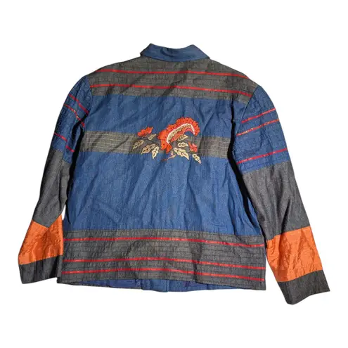 Vtg 1990s Coldwater Creek Blue Denim Orange Silk Floral Patchwork Jacket Sz S