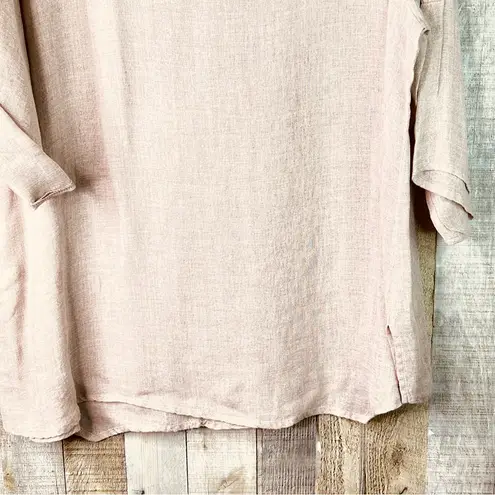 Caroline Rose Linen 1X Tan Crewneck Tabbed Short Sleeve Tunic Top Lagenlook