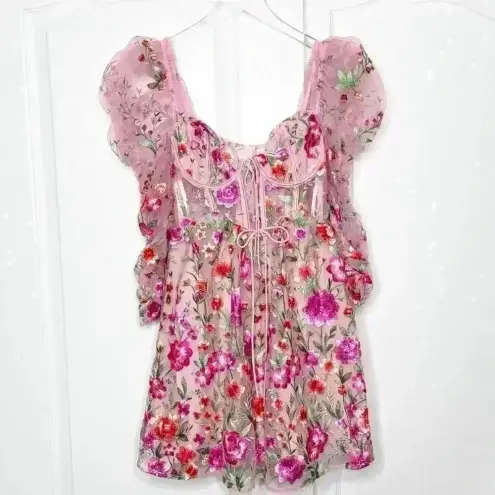 For Love & Lemons NWT  Tayla Ruffle Corset Embroidered Puff Sleeve Dress Size XS