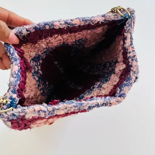 Handmade Woven Rainbow Clutch Bag with Gold Chain Handle Pink