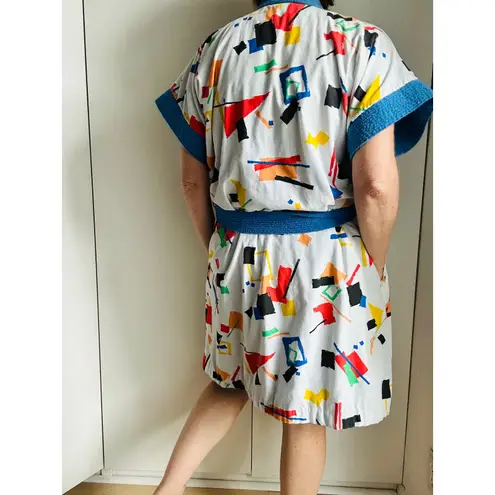 Vintage 80s Unisex Robe Terry Cloth Geo Print Size Medium Womens Quirky Fun White