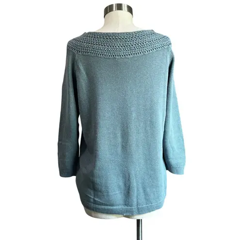 Garnet Hill Garnett Hill Linen Blend Blue Crochet Neck Line Sweater Sz Large