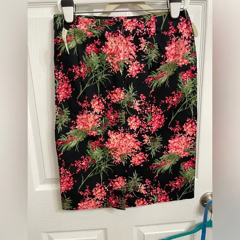 Talbots  Sz 8 Black w/ Pink and Green Floral Print Pencil Skirt Straight NWT