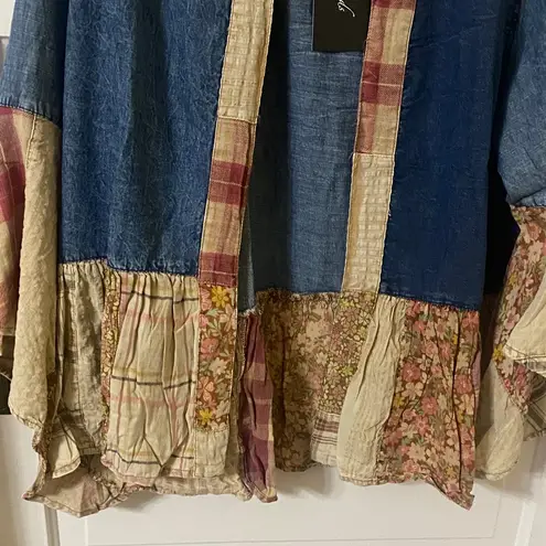 Young Threads Patchwork Denim Cardigan - Blue, Cream, and Red
