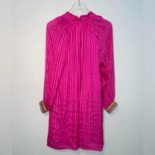 Marie Oliver Hot Pink Magenta Silk Long Sleeve Metallic Stripe Cuff Dress Size M