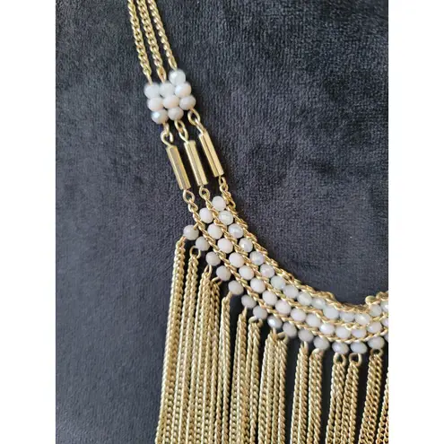 Women's Gold Chain Fringe Necklace With White Beads And Lobster Clasp Lock