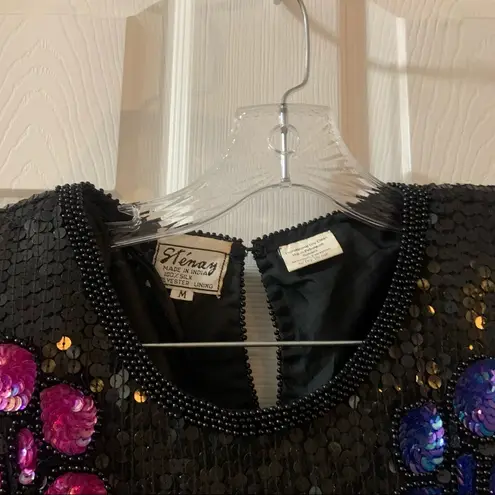 VTG Stenay Black Sequin Floral Scalloped Edge Blouse M Size M