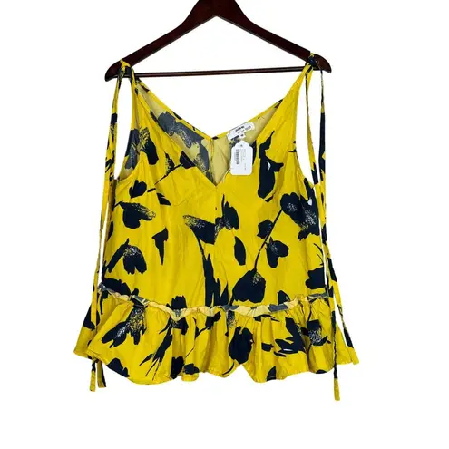 Jason Wu RTR Floral Sleeveless RuffleV Neck Top Tie Straps 10 Yellow Navy Blue