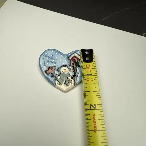 Snowman & Cardinal Bird In Heart Ceramic Brooch Pin Handcrafted Hand Made