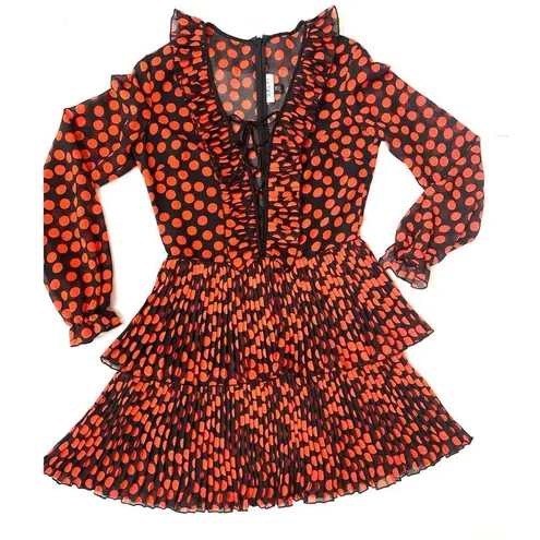 DELFI Collective KIKI lace up ruffled long sleeve ruffle Polk dot minidress XS Red