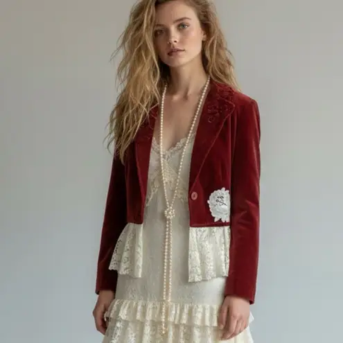 Vintage 70s Velvet Lace Reworked Whimsical Dainty Jacket Size Small Brown