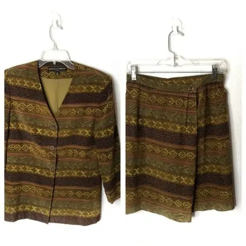 Kasper 100% Silk Skirt Suit Earth Toned Tribal Stripe Womens Size 6