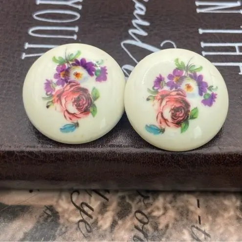 Vintage 1960s Red Blue Rose Floral Print Large West Germany Clip Boho Earrings White