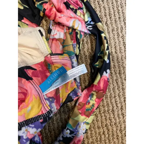 Allihop Floral Print Plunge One Piece Swimsuit Medium Black Pink Yellow