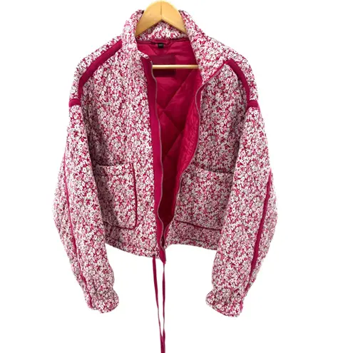 BLANKNYC Floral Quilted Bomber Jacket Pink White Burgundy Women's XL Drawstring