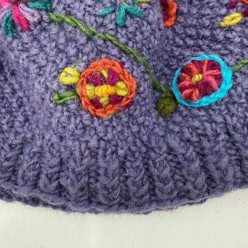 Lost Horizons Hat Nepal Made 100% Wool Interior Fleece Knit Embroidery Crochet Purple