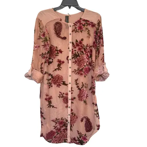 Aratta Silent Journey Velvet Burnout Floral Button Up Shirt Tunic XS Artsy Boho Pink