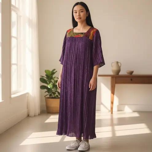 Premier Intimates OSFM VTG House Dress MuuMuu Purple Crinkle w/ Aztec Sq Neck Size undefined