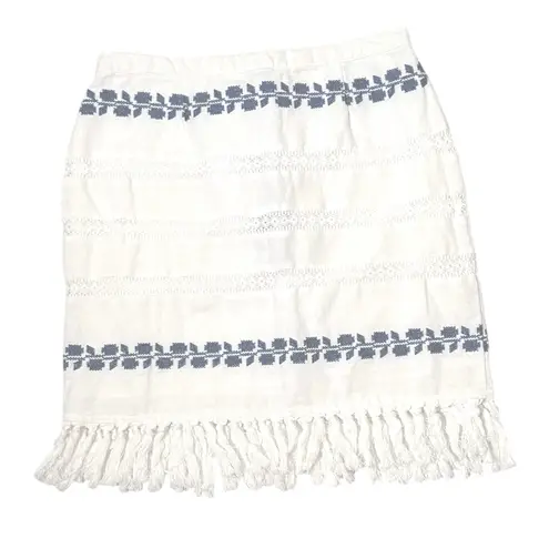 For Cynthia Boho Linen White blue embroidered crotchet macrame like Fringe Skirt coastal Med