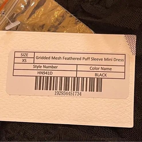 Endless Rose Gridded Mesh Feathered Puff Sleeve Mini Dress Black Sz XS