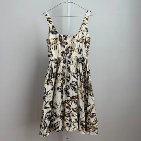 J.Crew Linen Blend Leaf Print Dress Sleeveless Beige Brown Gold Size 0 Tan