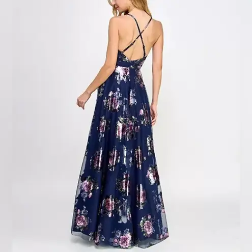City Studios Juniors' Strappy Floral Metallic Mesh Gown Navy/Purple Sz 7/8 Blue