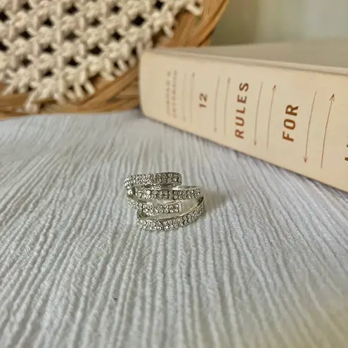 Boutique Silver Sparkly Multi Layered Four Shank Folded Ring “Nazarin” Pave Inset Rhinestone Jewelry