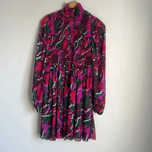 MISA Los Angeles MISA Jessa Turtleneck Smocked Print dress in Holiday Sparkle