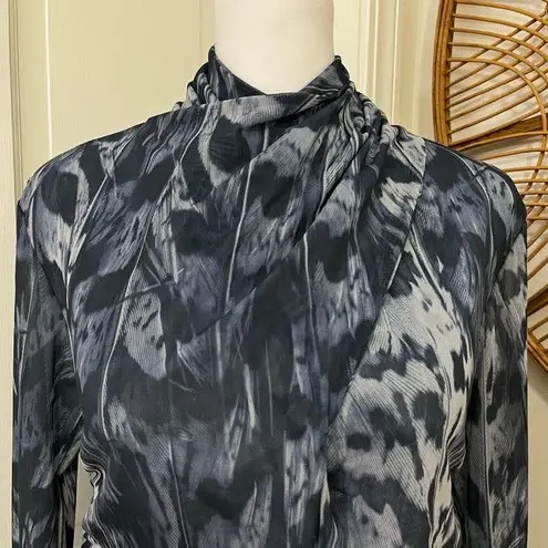 ALLSAINTS Tia Mesh Semi Sheer Blue Abstract Boho Artsy High Neck Ruched Top Sz 6