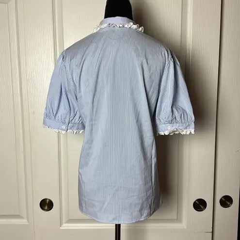 DAINTY BLUE PINSTRIPE LACE TRIM BUTTON UP COLLARED BLOUSE Size M