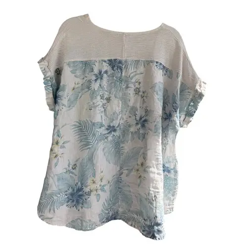 LUNGO L’ARNO Italian Linen Top Women 2X White Blue Floral 100% Linen Beachy