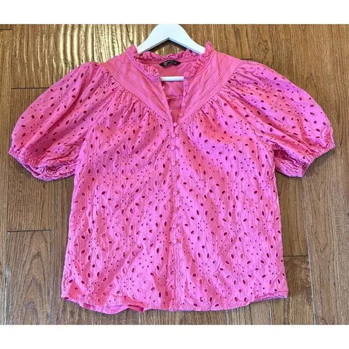 Pretty Garden pink cotton eyelet puff sleeve blouse large