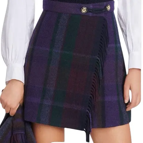 Sandro Rosiere Fringe Blue Green Burgundy Plaid Skirt Size 38 or 6