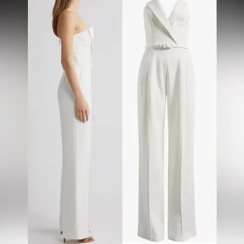 NWOT NADINE MERABI Vanessa Strapless Belted Crepe Flare White Jumpsuit sz 10