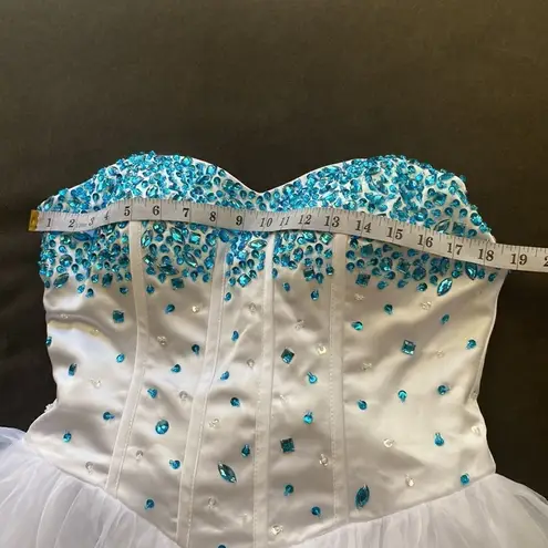 Women’s White Blue Beading Short Cocktail Prom Party Dress Corset Back Size 8 White