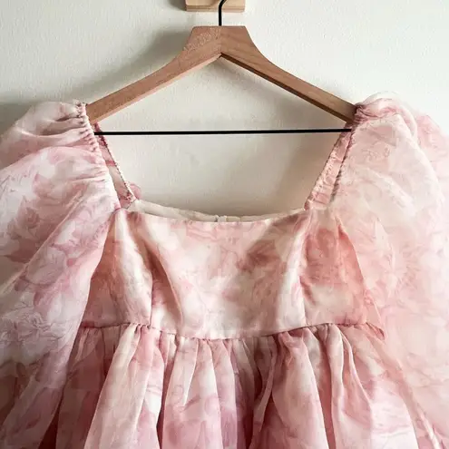 New Selkie Puff Sleeve Organza Floral Dress Size S Pink