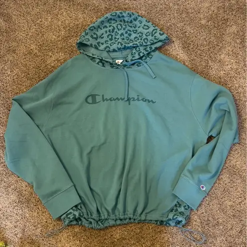 Champion Women’s  Hoodie Teal Leopard Print XXL Terrycloth Lightweight Cinched