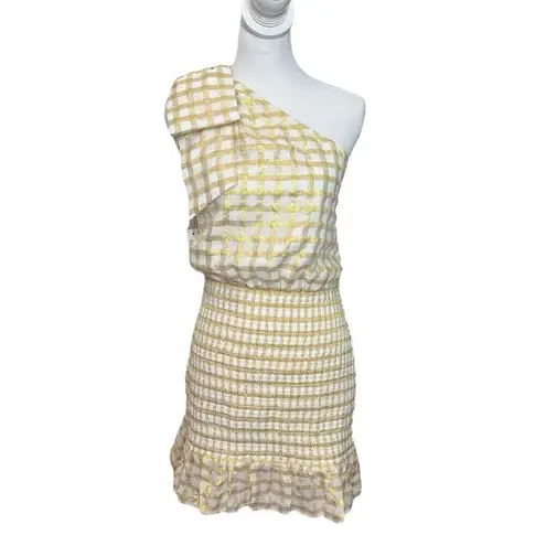 Rebecca Vallance NWT Almeria One Shoulder Mini Dress Metallic Gingham Size 14 Gold
