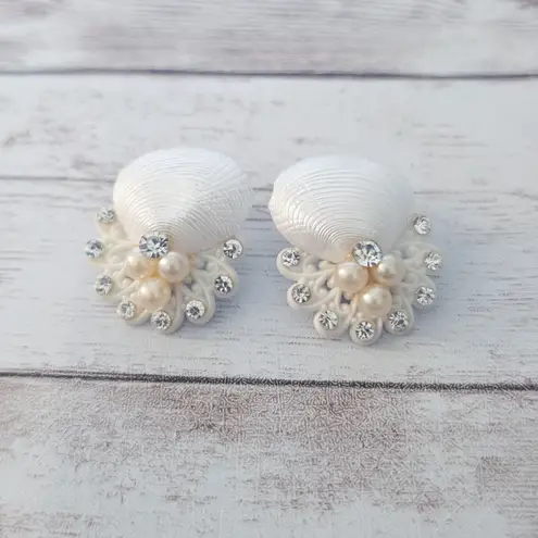 Vintage Clip On Earrings Shell with Faux Pearl & Clear Gems