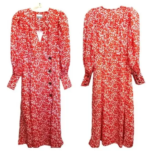 Ganni NWT Dress Abstract Floral Orange Dot Crepe Midi Size 2