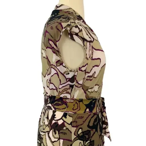 Dana Buchman Women's Dress Wrap Top Matte Jersey Cream Tan Print Belted Size XL