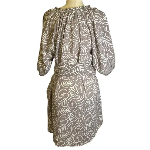 Bu Tiki Maui Noelani Anthurium Short Tunic Dress Tie Belt Brown White M/L Cotton Size undefined