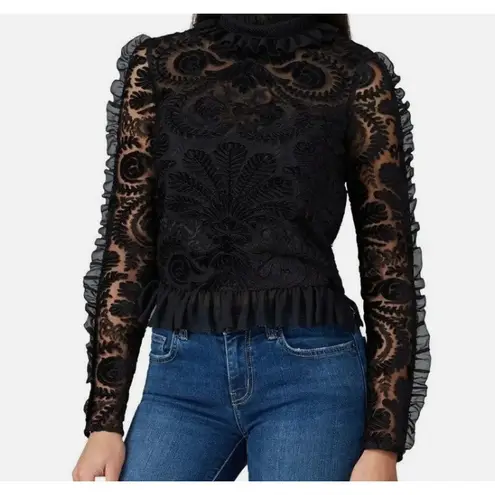ML Monique Lhuillier Blouse Womens Small Sheer Velvet Floral Lace Long Sleeve Black